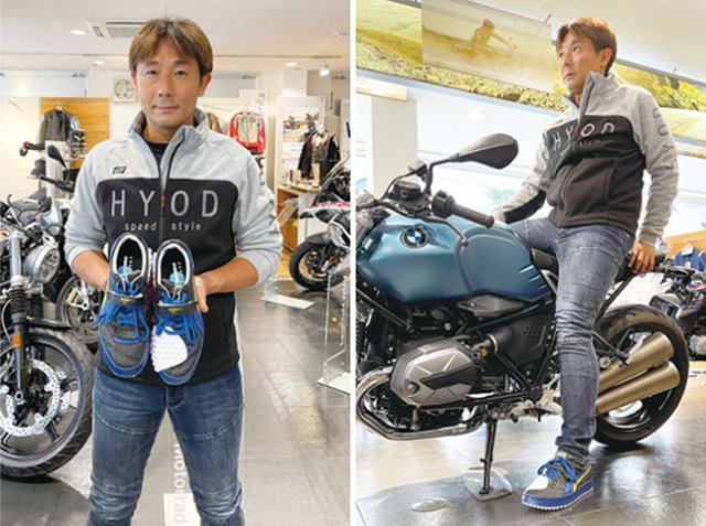 <center>バイク用に“変身”したスニーカーを持つ関口選手<br>※撮影協力／株式会社アライモータース A-big Motorrad</center>