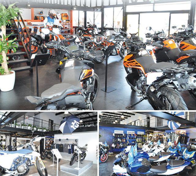 <center>広々した店内にKTM、ハスクバーナ、スズキのバイクを展示</center>