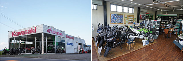 <center>アクトは国内4メーカーの正規取扱店。店内はカワサキの新車が整然と並ぶ</center>