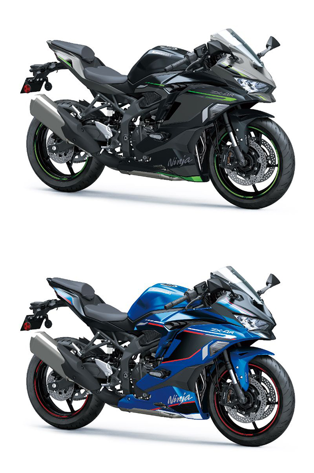 上から、Ninja ZX-4R SE「メタリックフラットスパークブラック×メタリックマットグラフェンスチールグレー」「キャンディプラズマブルー×メタリックフラットスパークブラック」