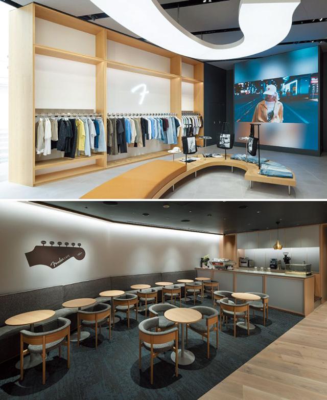 1階（写真上）には人気の高いファッションブランド「F IS FOR FENDER」を、地下1階（写真下）は大人気のカフェを併設